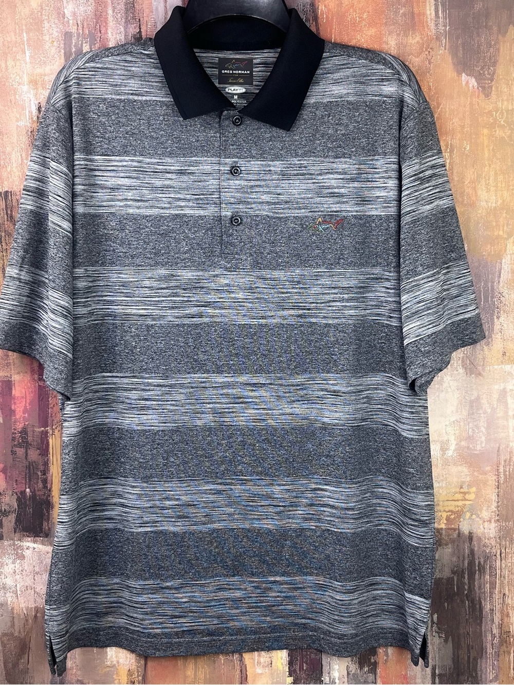 Greg Norman Collection Golf Polo Shirt Men's Medium Black Gray Striped